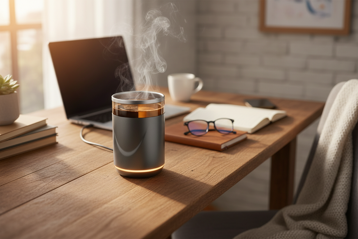 Photorealistic wide hero banner image showing an electric heater cup keeping tea and coffee hot during work or study. The cup placed on a desk with a notebook and laptop slightly blurred in the background. Soft warm lighting, visible steam, realistic reflections and textures. Cozy, productive daily-use atmosphere. Commercial lifestyle eCommerce photography style, no people visible, no text or logos, wide banner composition.
